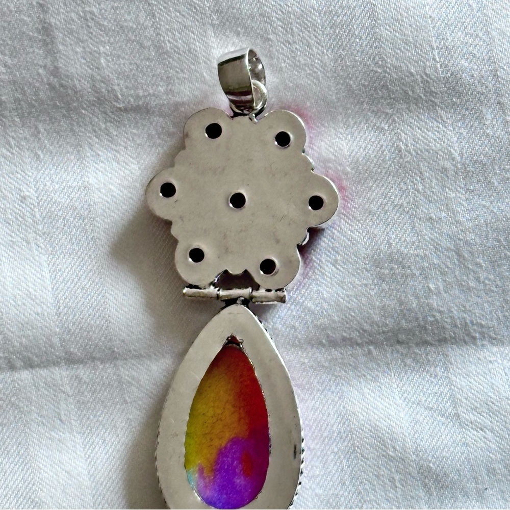Artisan Jewelry Red Coral Floral Pendant with Multicolor Teardrop Handcrafted - Picture 8 of 15